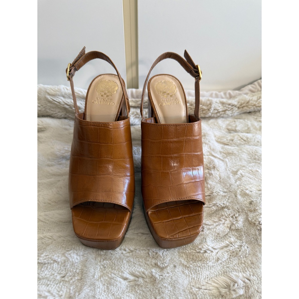 Vince Camuto Tan Croc Embossed Leather Platform Slingback Block Heels Womens 10M